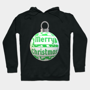 Christmas Tree Ornament with Merry Christmas Greeting and Wintergreen and White Abstract Peppermint Candy Cane Design Hoodie